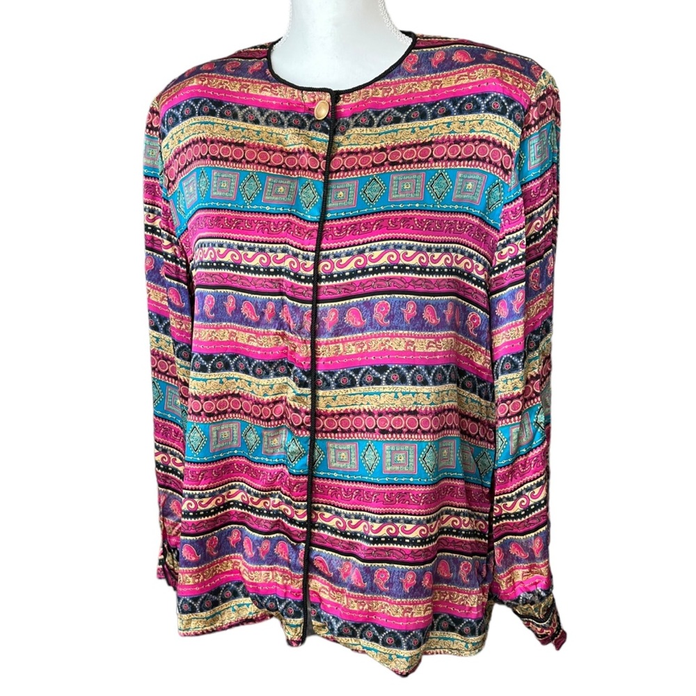 VTG 90s fiji sport silk blouse pink black blue boho gold button women large